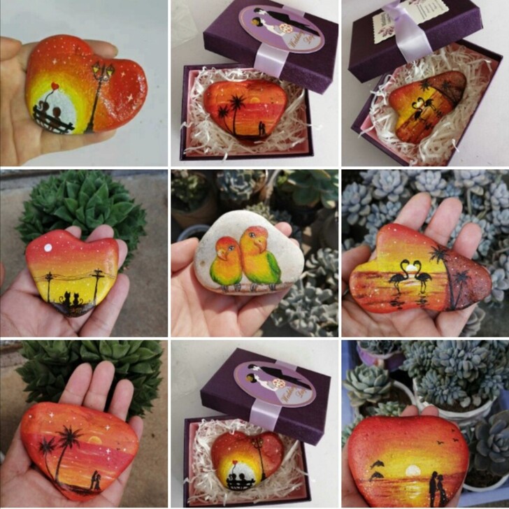 手绘石头画,爱心型情侣石,七夕表白礼物,镇...