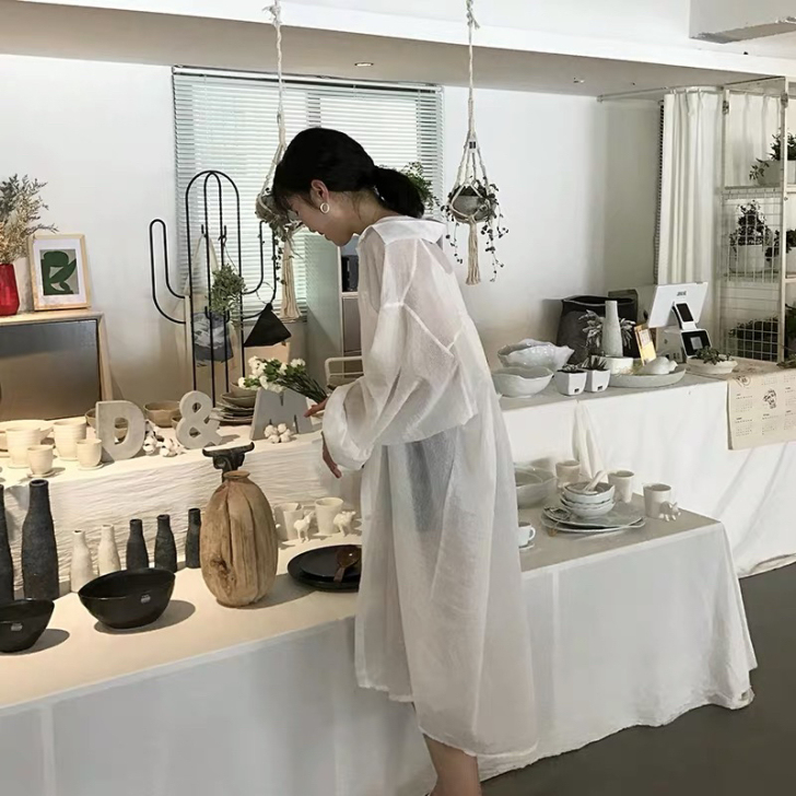 白色长款雪纺衬衫女长袖宽松夏季防晒衣中长款...