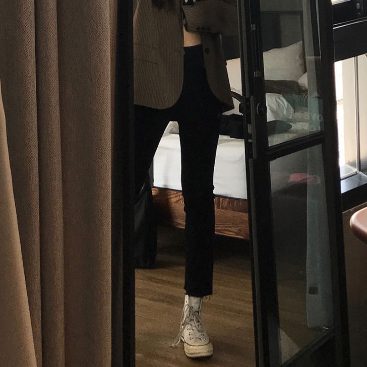 胖妹妹mm牛仔裤显瘦黑色九分直筒裤高腰春秋...