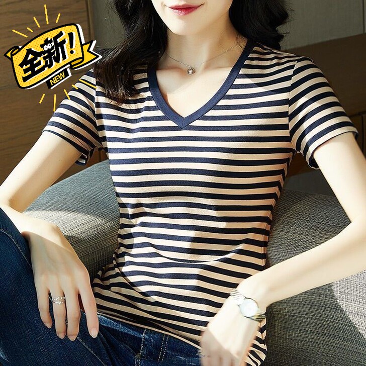 女士条纹短袖t恤女2021新款夏季显瘦修身...