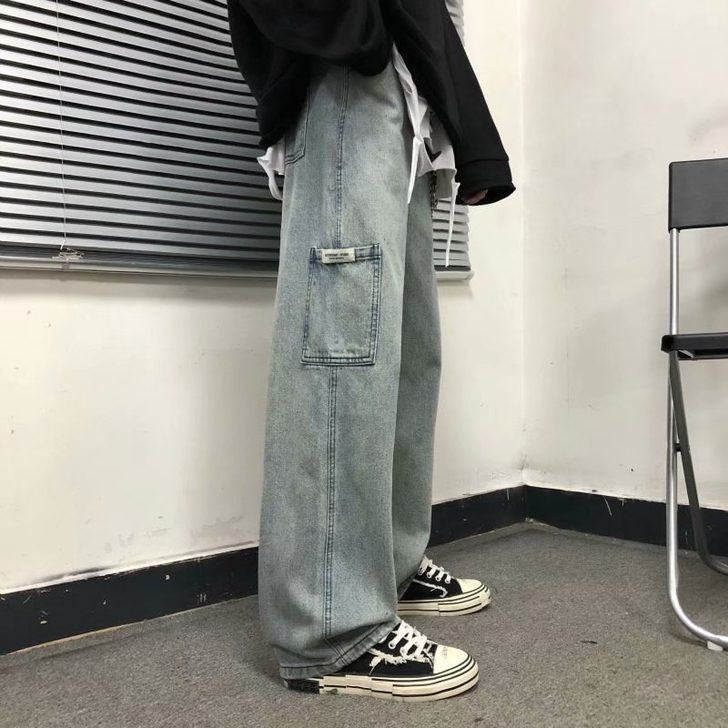 韩版ins裤子春秋复古做旧工装阔腿裤bf宽...