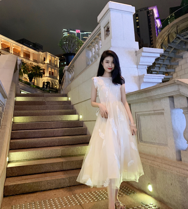 裙子女2019新款夏收腰显瘦气质羽毛连衣裙...