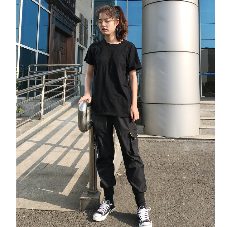 国潮ins法式阔腿裤休闲九分裤子工装裤女宽...