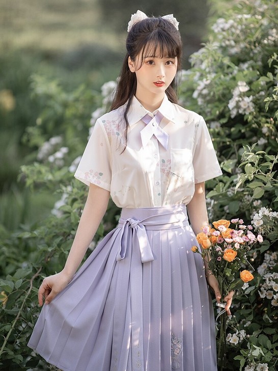 池夏琼花:荼蘼 衬衫短褶裙领结原创改良汉服...