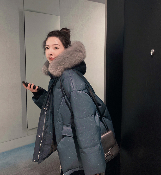 夏诗文 90白鸭绒狐狸毛领满天星羽绒服女冬...