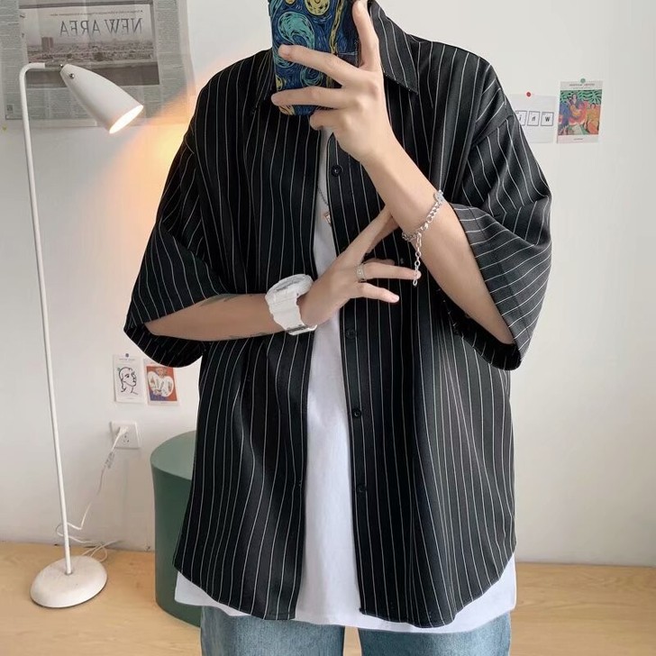 条纹短袖衬衫男夏季薄款韩版宽松潮流衬衣休闲...