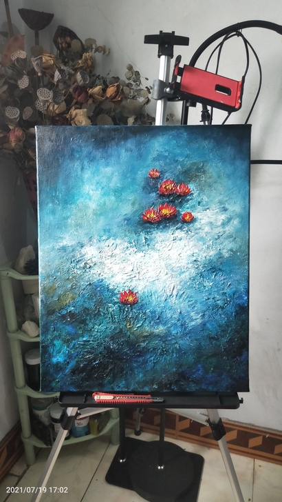 厚肌理《荷》纯手绘油画作品  带内框405...