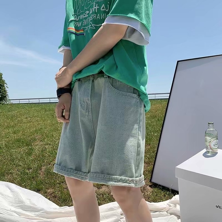 薄款牛仔短裤男直筒宽松chic显瘦ins潮...