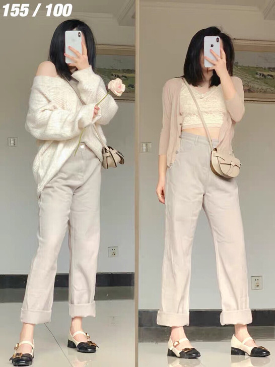 太太爱这条裤子了！春复古水洗棉浅灰色休闲小...