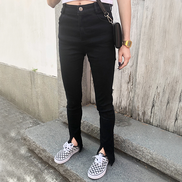 黑色ins风百搭显瘦弹力开叉牛仔长裤女复古...
