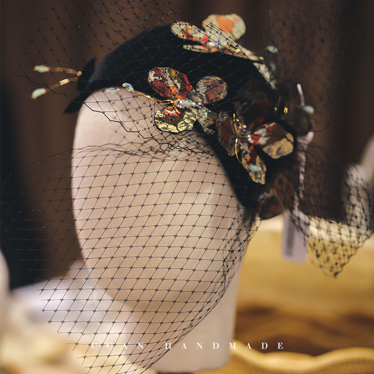 新品手工网纱蝴蝶绒面发箍礼帽新娘头饰影楼复...