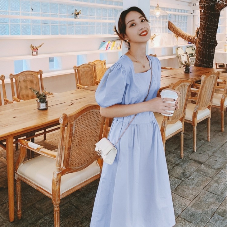 泡泡袖连衣裙女夏2021新款法式初恋裙桔梗...