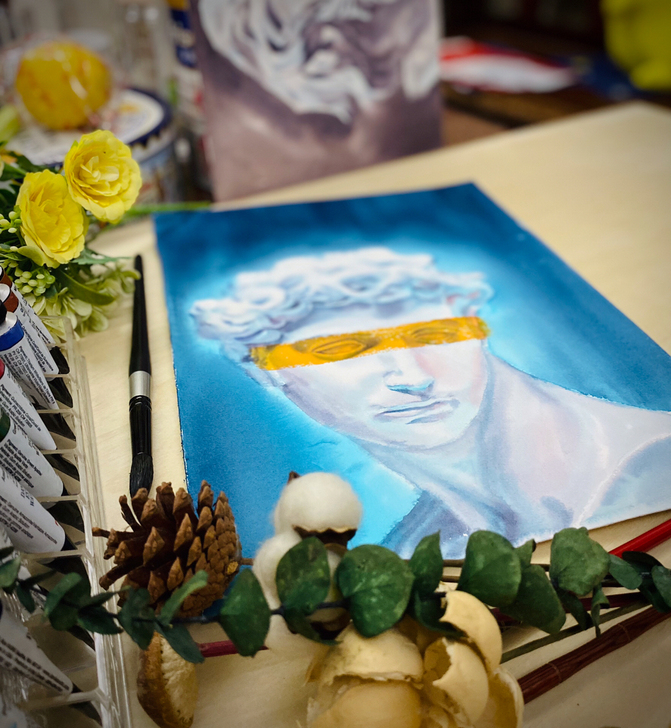 原创水彩画石膏像小卫美第奇创作作品原稿