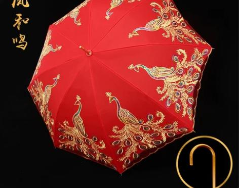 红伞结婚新娘伞女婚庆出嫁蕾丝花边刺绣长柄中...