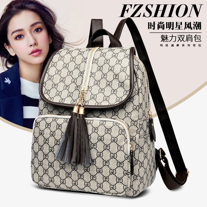 2021新款百搭印花大容量背包流苏包防盗女...