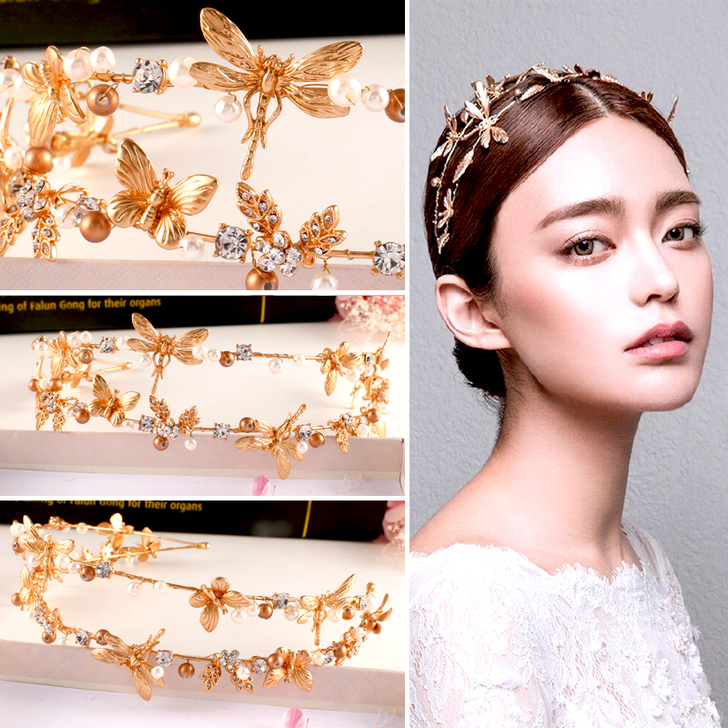 新娘头饰欧式复古金色巴洛克手工蝴蝶发箍婚纱...