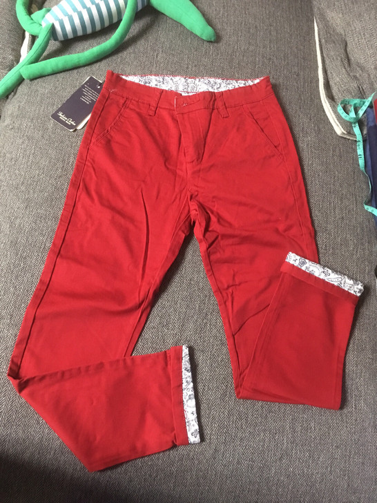 夏季英伦红色休闲九分裤男修身小脚裤脚花边9...