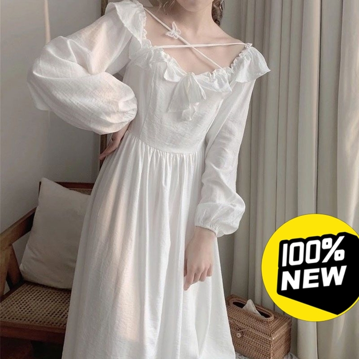 【关注包邮】2021法式收腰方领泡泡袖白色...