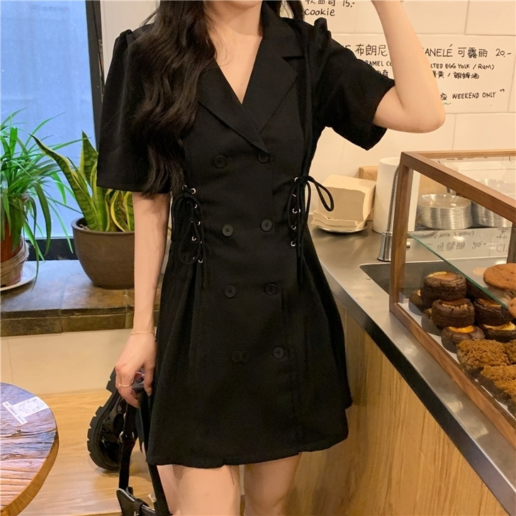 夏季双排扣抽绳收腰辣妹西装裙显瘦小个子连衣...