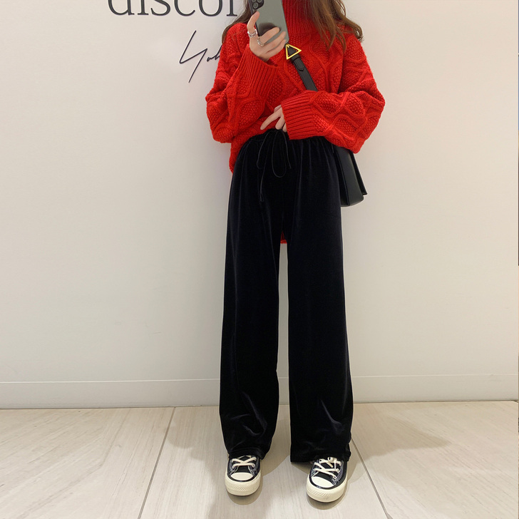 黑色高腰垂感金丝绒阔腿裤女2020春装新款...