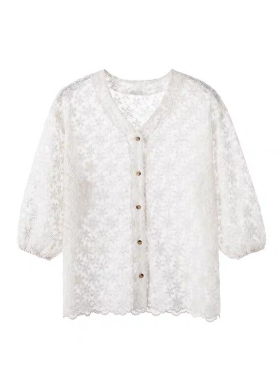 EKOOL蕾丝小雏菊刺绣V领衬衫女夏季20...