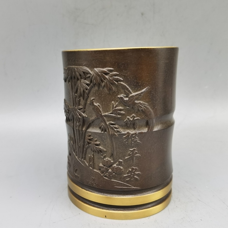 紫铜鎏金竹报平安笔筒 纯铜大号铜笔筒 梅兰...