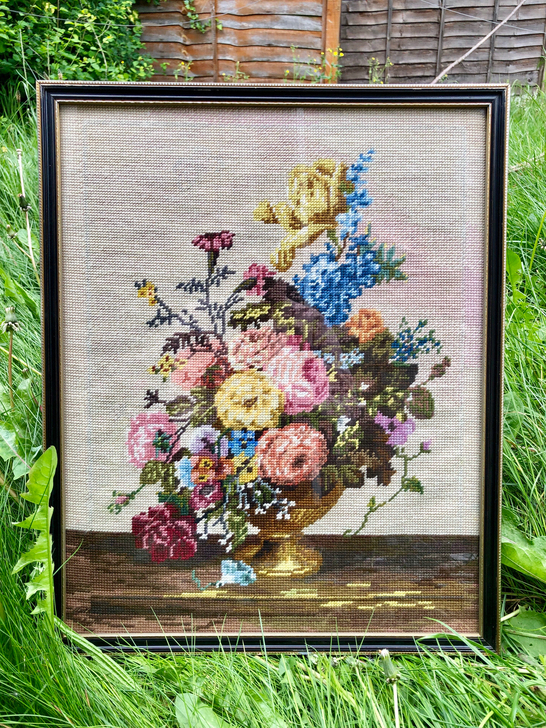 现货特价 西洋中古刺绣画编织画一对 羊毛编...