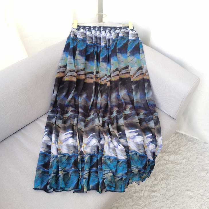 100%桑蚕丝真丝半身裙女夏薄款碎花中长款...