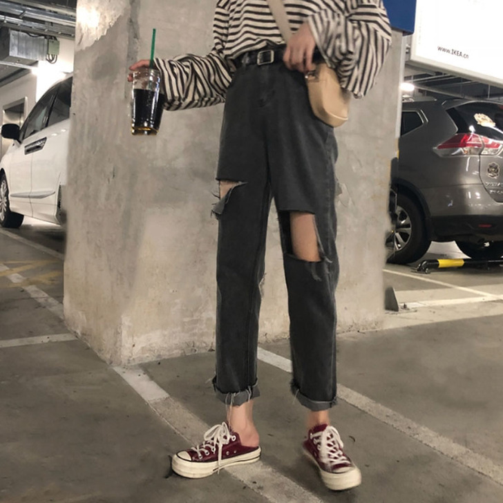 春装韩版女装破洞乞丐高腰显瘦宽松BF风牛仔...