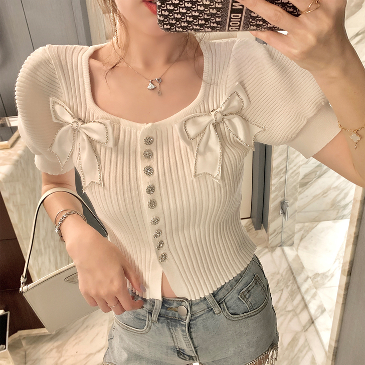 ByYou 夏季白色针织衫女短款设计感蝴蝶...