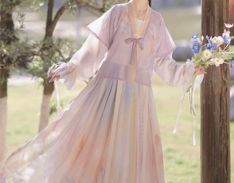 洛苓唐褙子汉服女圆领短衫褶裙原创齐腰中国风...