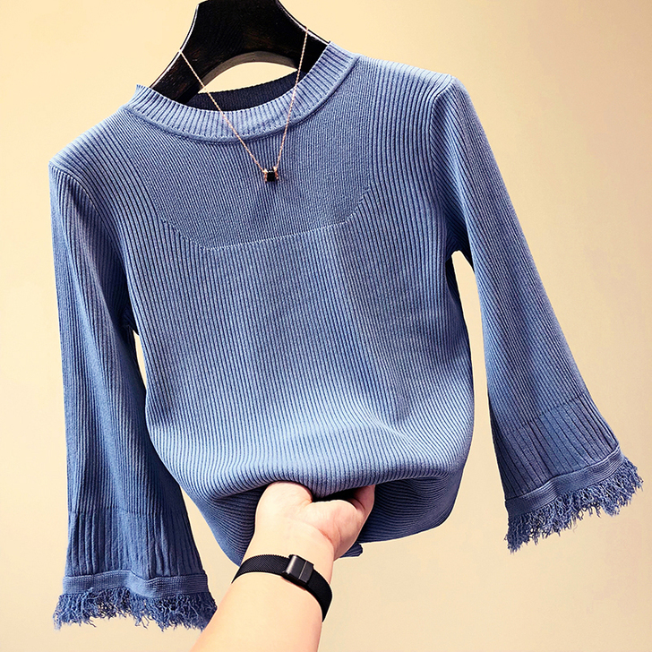 2018早秋新款韩版喇叭七分袖薄冰丝针织衫...