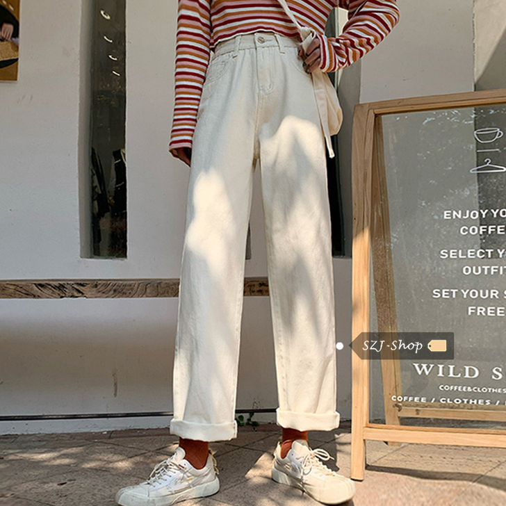 白色牛仔裤女春秋2021新款高腰直筒宽松小...