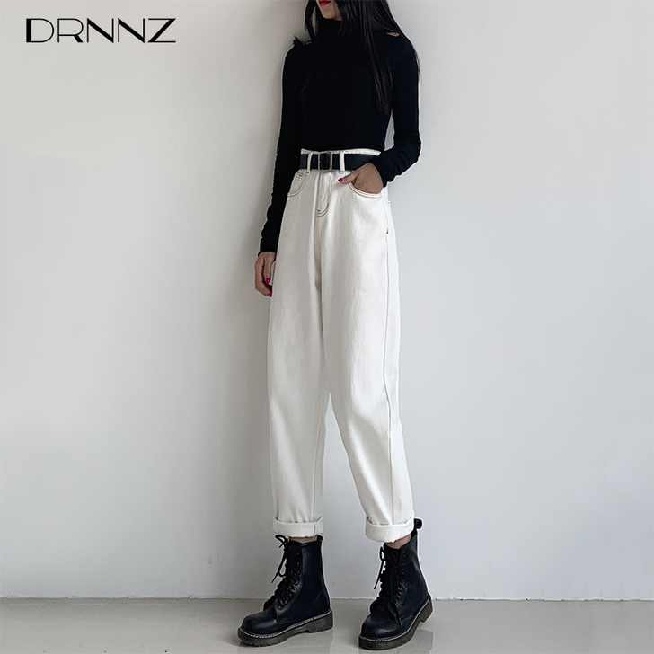 【双11狂欢价】米白色宽松直筒牛仔裤女20...