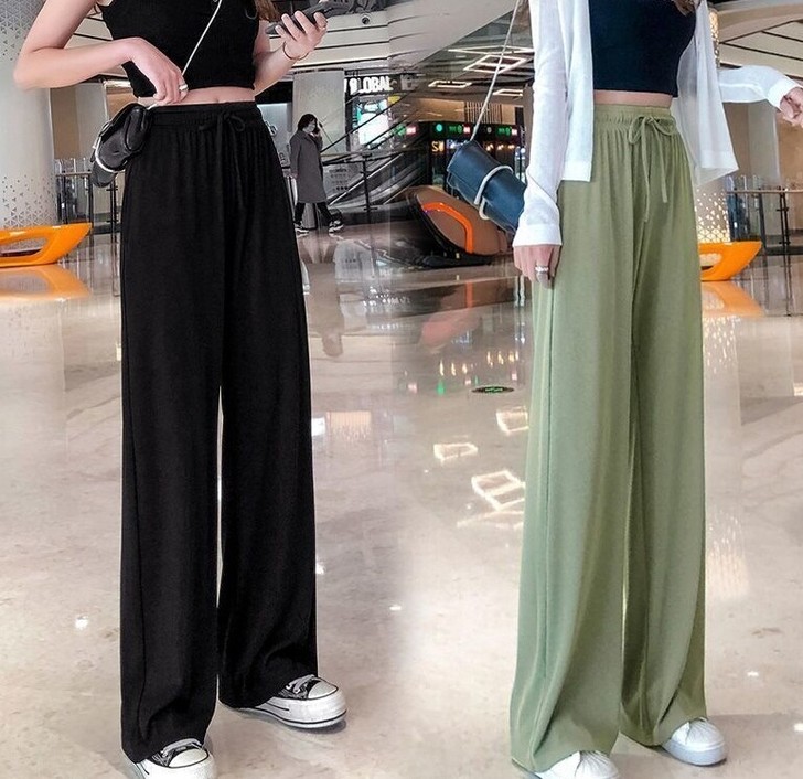 冰丝阔腿裤女高腰垂感休闲宽松显瘦直筒裤学生...