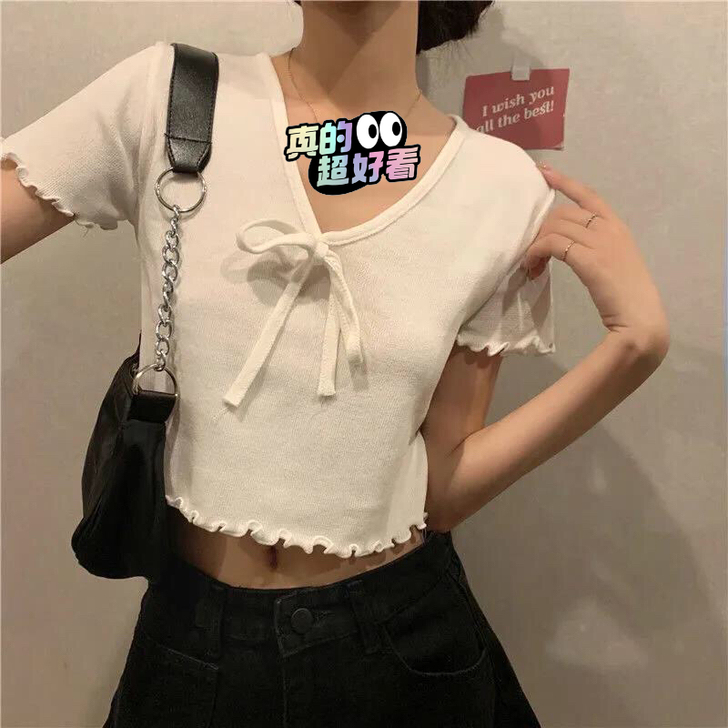 清一批针织衫短款露脐修身显瘦蝴蝶结木耳边短...