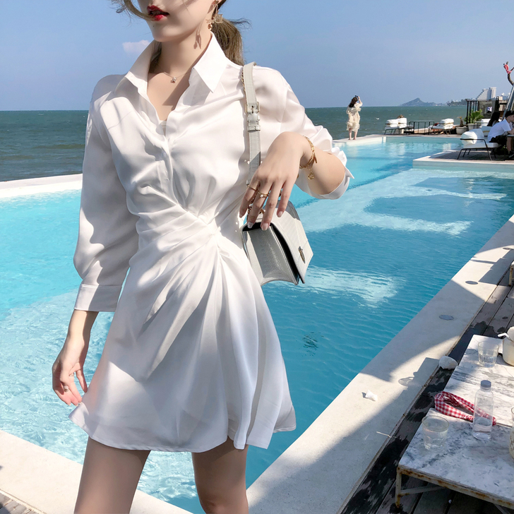 包邮 ByYou 2019夏季收腰白色连衣...