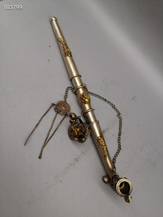 古玩铜器收藏：仿古纯铜黄铜镀银鎏金旱烟枪烟...