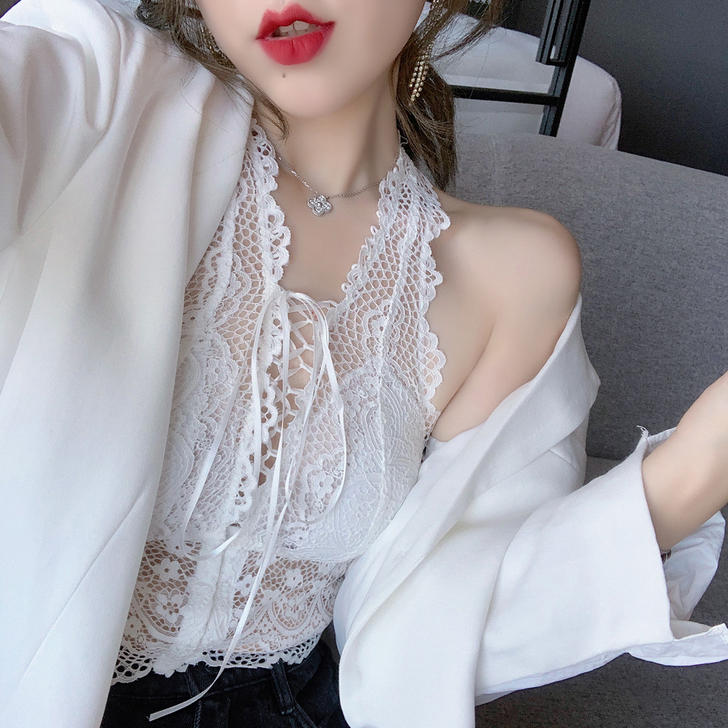 ByYou 夏季性感露背白色蕾丝吊带背心女...