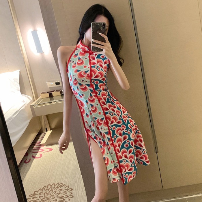夏季新款气质复古撞色长款旗袍女露背开叉挂脖...