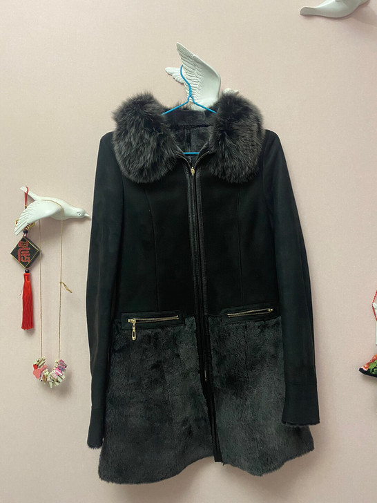 海宁皮毛一体女中长狐狸毛领秋冬大衣皮衣s码