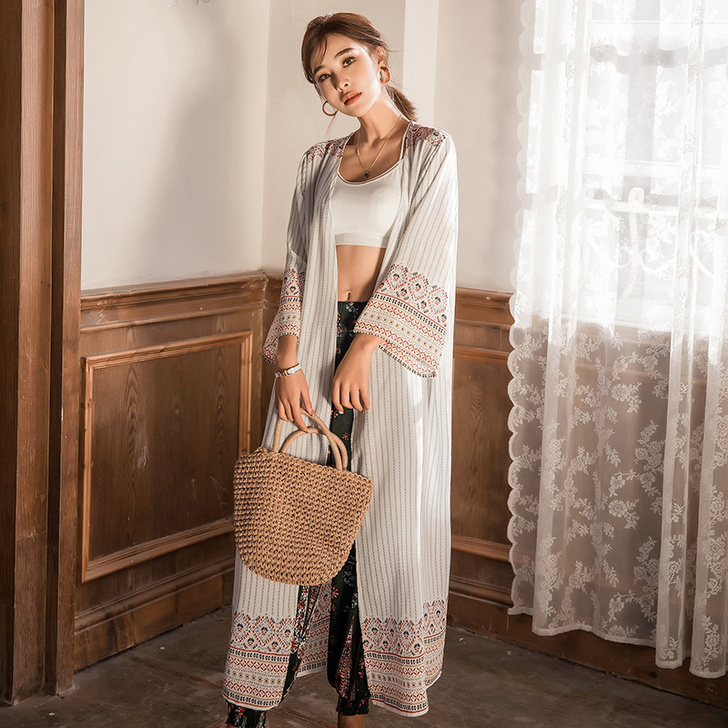 民族风雪纺衫中长款开衫宽松沙滩外搭披肩配裙...