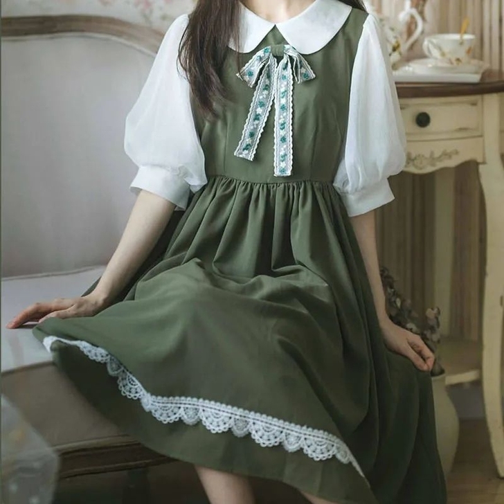 【最后几件】学院风夏季甜美泡泡袖蝴蝶结连衣...