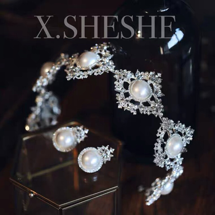 君心婚饰新娘饰品 白纱珍珠发箍皇冠耳环套装...