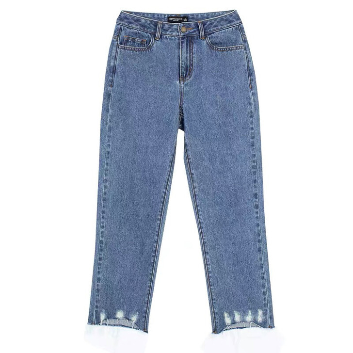 韩都衣舍2021春新款复古港风毛边直筒显瘦...