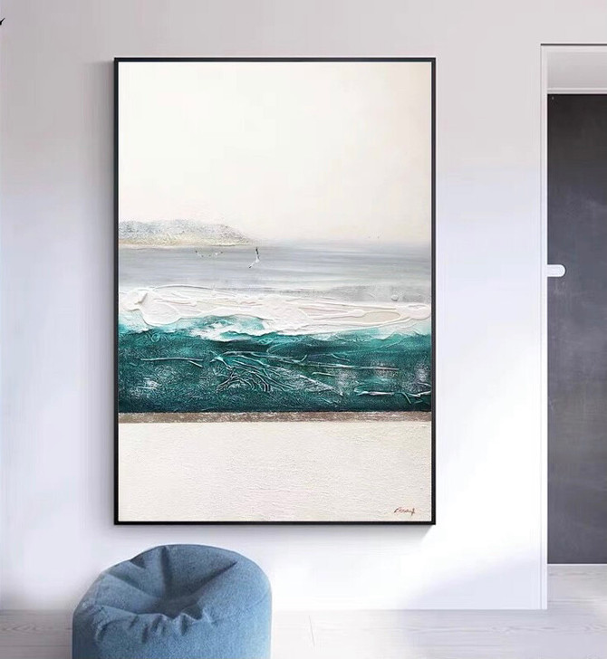 纯手绘大海油画现代简约抽象装饰画厚油机理玄...