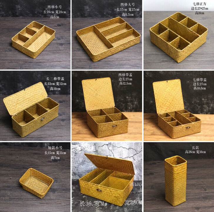 纯手工编织花篮收纳盒分格子草编田园风格带盖...