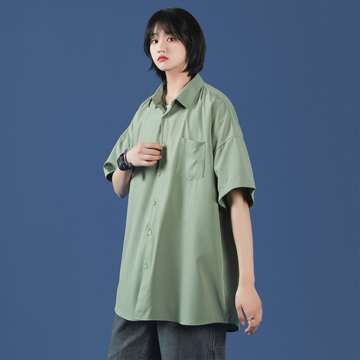 夏季短袖纯色衬衫女chic洋气设计感上衣百...