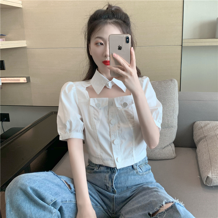 小个子短款露脐上衣设计感心机镂空白色翻领泡...
