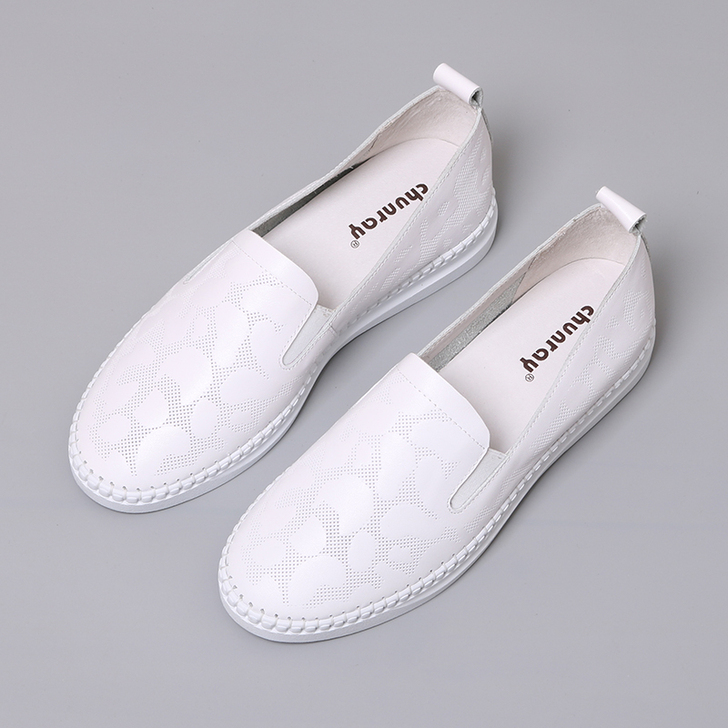 春季真皮乐福鞋女一脚蹬懒人鞋坡跟内增高小白...